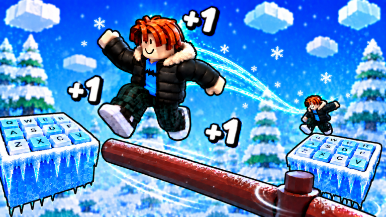 Official game artwork: a winter avatar jumps between snowy blue keyboard keys